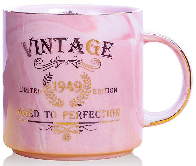 1949 70th Birthday Gifts for Women and Men Ceramic Mug - Funny Vintage 1949 Aged To Perfection - Anniversary Gift Idea for Him, Her, Mom, Dad Husband or Wife - Ceramic Marble Cups 13 oz (Pink)