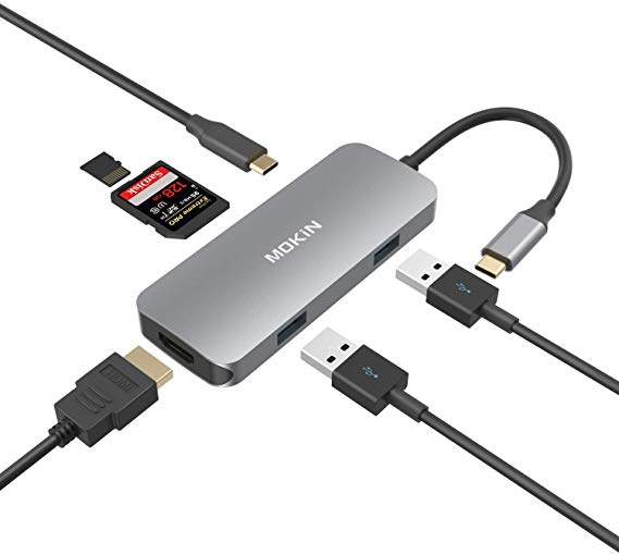 USB C to HDMI Hub, MOKiN Type C Adapters with SD MicroSD Card Reader, 2 USB 3.0 Ports and USB-C Power Pass-Through Port, 6 in 1 USB C Dongle for MacBook Pro and More Type C Devices