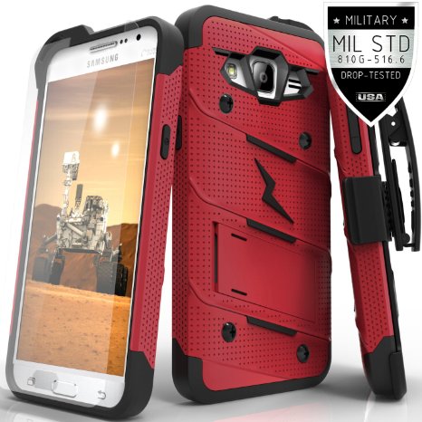 Zizo Dual Layer Kickstand Holster Clip Case with 033mm 9H Tempered Glass Screen Protector for Samsung Galaxy Grand Prime - Red  Black