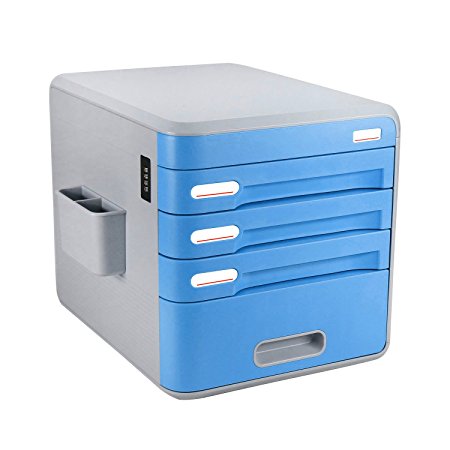 EVERTOP Office Supplies Desk Drawer Organizer 4-Drawer File Cabinet Storage Box with Combination Lock and Side Compartment Pencil Cup for Documents, Papers, Mails, Pens, Markers, Scissors, Blue