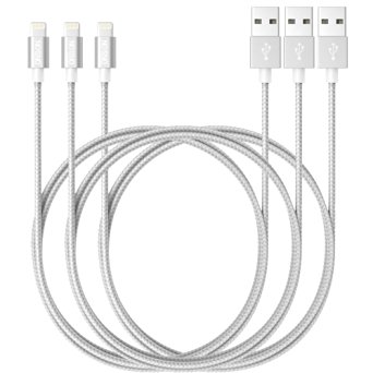 ONSON Lightning Cable,3Pack 6FT Extra Long Nylon Braided iPhone Lightning Cable USB Charging Cord for iPhone 7/7 Plus,6/6S/6 Plus/6S Plus,5/5S/5C/SE,iPad Air,iPod Nano 7(Silver Gray)