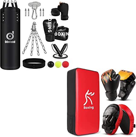 Odoland Bundle - 2 Items 8-in-1 3.28FT Punching Bag Unfilled Set for Adult and 3-in-1 Boxing Gloves Punching Mitts Kick Pack Set for Kids