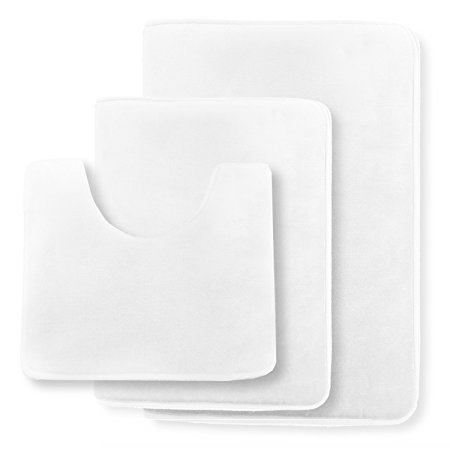 Clara Clark Non Slip Memory Foam Tub-Shower Bath Rug Set, Includes 1 Small Size 17 x 24 in. 1 Large Size 20 X 32 in. 1 Contour Rug 24 x 19 In. - White