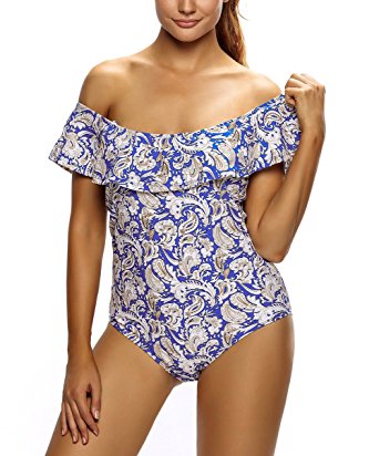 FARYSAYS Women's Stylish Ruffle Off the Shoulder One-Piece Swimwear Swimsuit