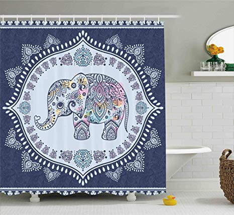 Ambesonne Ethnic Shower Curtain, Bohemian Elephant Figure with Gypsy Inspirations Ancient Oriental Figures Graphic, Cloth Fabric Bathroom Decor Set with Hooks, 84 Inches Extra Long, Navy Blue