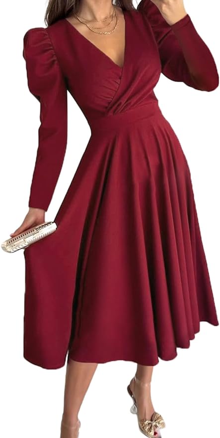 Dokotoo Womens Wrap V Neck Long Sleeve High Waist Vintage Wedding Guest Cocktail Party Swing A Line Midi Dresses