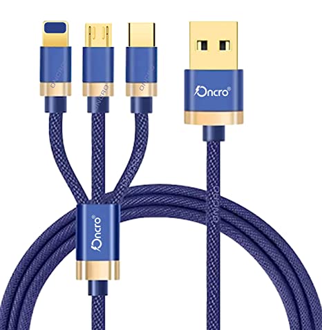 ONCRO® Blue 3 in 1 charging Cable Nylon Duo Jean Braided Fast multi charging cable for Micro USB, i-phone & Type C Devices. 3.3 ft Compatible with most Devices (Not for Data Transfer)