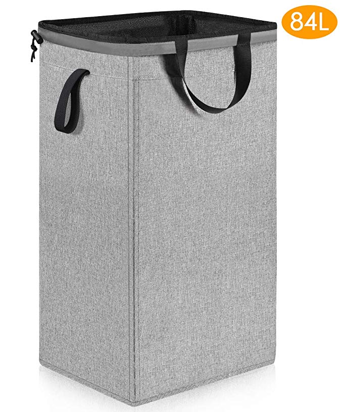 Large Dorm Laundry Hamper with Removable Liner (84L), Sturdy Tall Laundry Hamper with Handles, Collapsible Canvas Dirty Clothes Hamper, Square Laundry Hamper for Bedroom, Bathroom, Nursery (Grey)