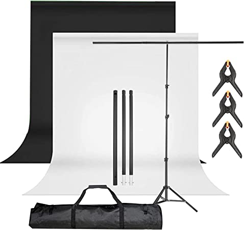 BEIYANG 1.5x2m/5x6.5ft Background Stand Backdrop Support System with 1.5x2m/5x6.5ft Muslin Backdrop (White, Black) 3PCS Clamps and Carrying Bag for Portrait, Product Photography and Video Shooting