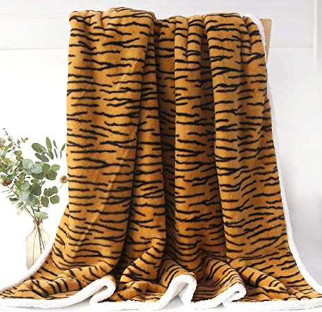 Sleepwish Tiger Stripe Fuzzy Blanket Modern Animal Stripes Decorative Sofa Couch and Floor Throw Warm Cozy Super Soft Bed Cover Long Shaggy Hair Faux Fur Sherpa Backing Black and Tan 63 x 79 Inches