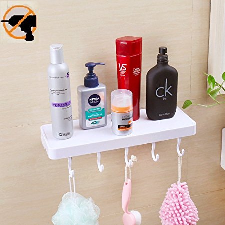Fealkira Suction Cup Floating Shelf Bathroom Shower Rack ,Easy Installing For Kitchen/Shower & Living Room/Office(No Nails No Tools) (With 5 Hooks)