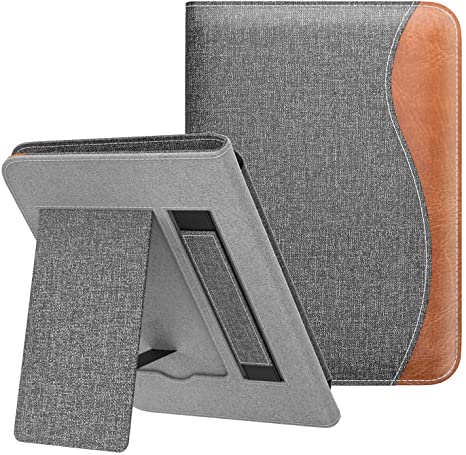 Dadanism Case Fits All-New Kindle 10th Generation 2019 Release / 8th Generation 2016, Slim Lightweight Hands-Free Stand Cover with Hand Strap for Amazon E-Reader– Denim Gray & Brown (Auto Sleep/Wake)