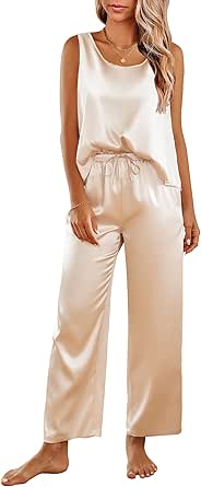 Ekouaer Womens Satin Pajamas Set Back Split Top and Long Pant Silk Pj Set Tank Sleepwear S-XXL