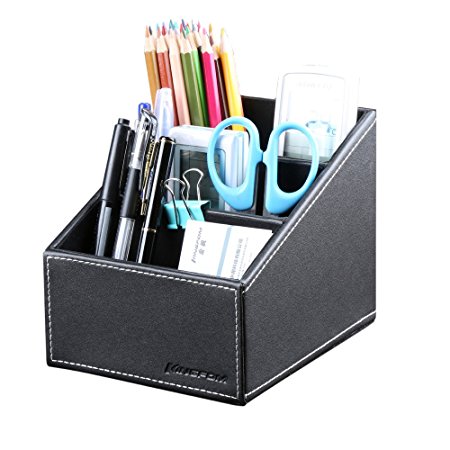 KINGFOM™ 3 Slot PU Leather Desk Remote Controller Holder Organizer; Home Sundries Storage Box; TV Guide/Mail/CD Organizer/Caddy/Holder with Free Cable Organizer (Black)