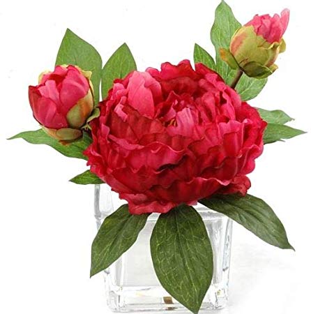 Handcrafted Artificial Peony Silk Flower Arrangement in Vase | Real Look Fuchsia Silk Perennial Peonies | Lush Layers of Petals Combine Deep Hues of Fuchsia and Raspberry for a Beautiful, Natural Look
