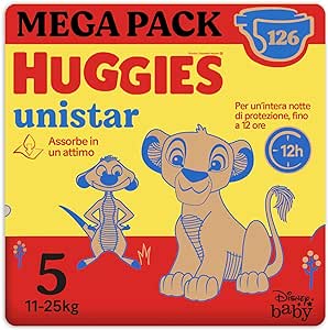 Huggies Unistar, Pannolini Taglia 5 (11-25 Kg), Design Disney, Protezione completa, 126 Pz