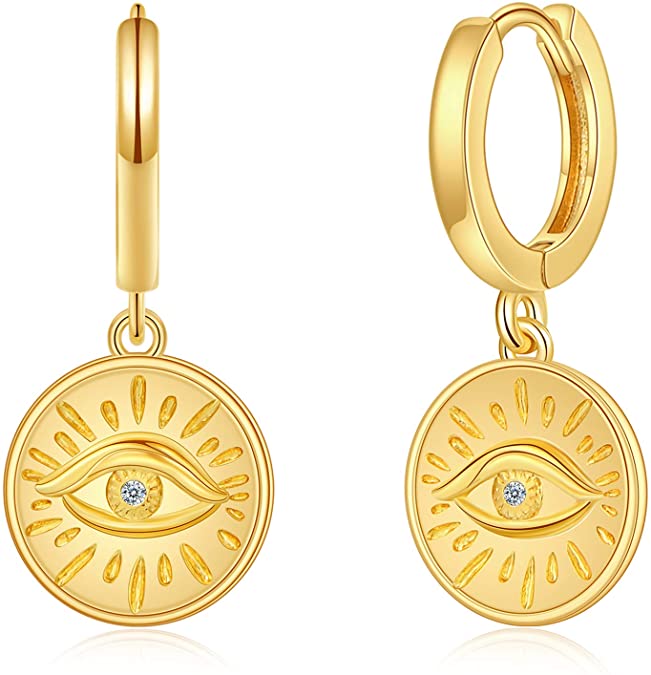 Evil Eye Coin Hoop Earrings Dangle 14K Gold Plated Cubic Zirconia Disc Hoop Earring Small Pendant Hypoallergenic Huggie Hoop Earrings Jewelry Gift for Women