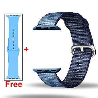 Free Silicone Band,Inteny Apple Watch Band Series 1 Series 2 Colorful Pattern Woven Nylon Band Replacement Wrist Bracelet Strap Buckle for iWatch,38mm,Navy&Tahoe Blue