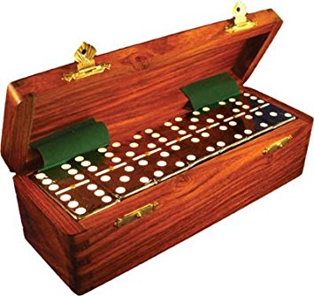 Domino Double Six Black in Dovetail Jointed Sheesham Wood Box - Jumbo Tournament Size w/Spinners