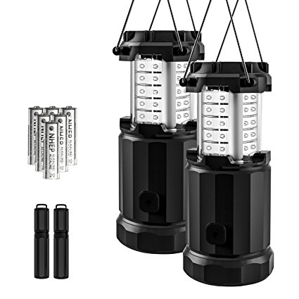 Etekcity 2 Pack Portable Outdoor LED Camping Lantern Flashlights with 6 AA Batteries - Survival Kit for Emergency, Hurricane, Storm, Outage (Black, Collapsible) (Matte)