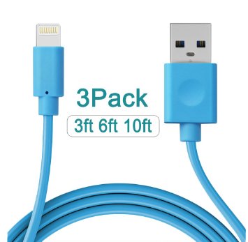 X-cable Sync Cable Lightning to USB Charging Cord with Aluminum Connector for iPhone 6/6 plus/6s/6s plus/5 5c 5s/SE, iPad Air Mini Retina 4 5, iPod Touch 5/ Nano 7- 3 Pack 3ft 6ft 10ft-blue
