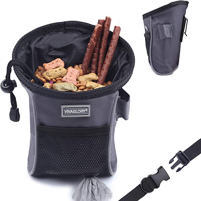 VIVAGLORY Dog Treat Pouch, Sports Style & Hands-Free Dog Training Bag with Detachable Waistband, Belt Clip, Poop Bag Dispenser, Easy to Carry Treats, Kibbles, Pet Toys, Grey