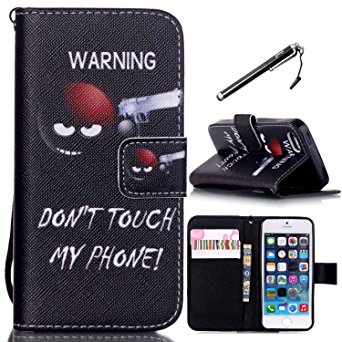 5s Case, iPhone 5 Wallet Case, UrSpeedtekLive Black Don't Touch Pattern Premium PU Leather Flip Wallet Case Cover for Apple iPhone 5/5s/SE (Built-in Credit Card/ID Card Slot)