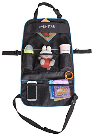 MONSTAR 2in1 Back seat Stroller Organizer-Auto Car Seat Back Protector and Storage Panel-waterproof kick mats for kids