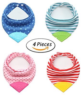 Reversible Baby Bib with Teether Safe Silicone Organic Cotton(4-Pack )