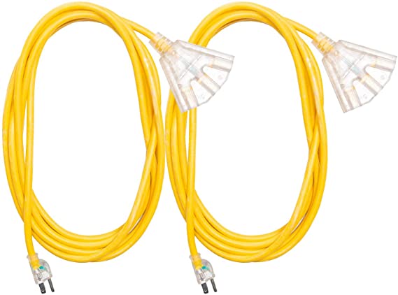 2 Pack of 10 Foot Outdoor Extension Cords with 3 Electrical Power Outlets - 10/3 SJTW Yellow 10 Gauge Lighted Extension Cable with 3 Prong Grounded Plug for Safety