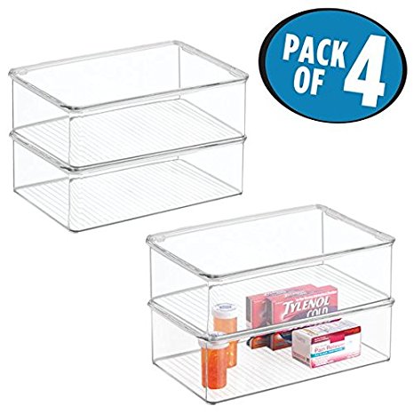 mDesign Bathroom Storage Organizer Box for Cosmetics, Makeup, Medicine - Pack of 4, Clear