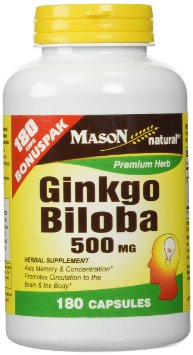 Mason Vitamins Ginkgo Biloba Leaves Powder 500 mg per Capsule 180 Gelatin Capsules