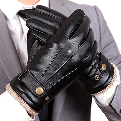 WARMEN Mens Touchscreen Texting Winter PU Faux Leather Gloves Driving Long Fleece Lining Black - Wool/Cashmere Blend Cuff