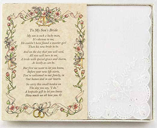 Wedding Handkerchief Poetry Hankie (Groom’s Mother to Bride) White, Lace Embroidered Bridal Keepsake, Beautiful Poem | Long-Lasting Memento for The Bride | Includes Gift Storage Box