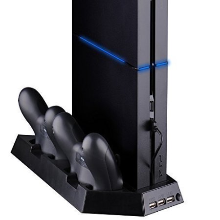 SmaAcc Vertical Stand with Dual Cooler Fans for PS4 Playstation 4 Console  FREE Dual Charger Ports Charging Station for DualShock 4 Controllers - Dual Use with Best Cooling and Charging system