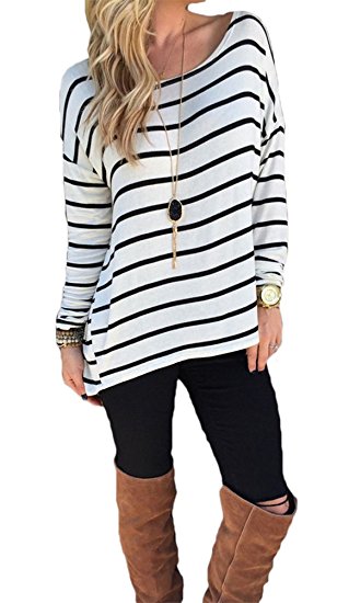 Halife Women's Round Neck Striped Stretch Basic T Shirt Tops Long Sleeve Blouse