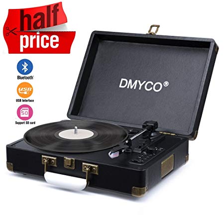 Turntable Vinyl Record Player, DMYCO Turntable Player for 3 Speed Belt Drive, Turntable Portable Suitcase with Dual Stereo Speaker, Bluetooth Record, USB/SD, RCA Output, Headphone Jack, Aux(Black)