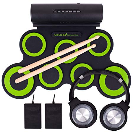 QoQoba Electronic Drum Set for Kids | Adult Beginner Pro MIDI Drum Kit Practice Pad Incl. Foldable Headphone | Drum Sticks | Builtin Speaker-Battery | Great Holiday Birthday Gift for Kids Drum Set