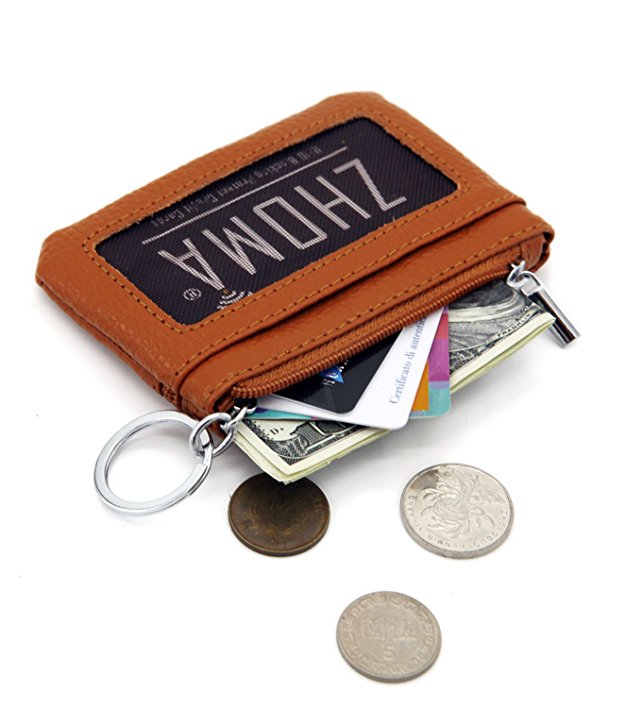 Zhoma Womens Genuine Leather Zipper Change Purse Coin key Wallet Card Holder with ID Window