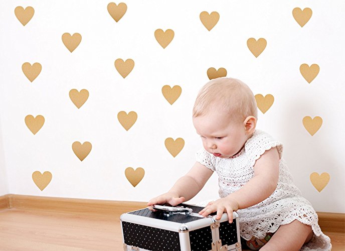 Gold Heart Wall Decals (200 2 inch Decals) Easy Peel and Stick Metallic Gold Finish Removable Decals Safe on Painted Walls