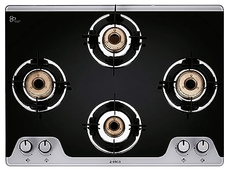 Elica Slimmest 4 Burner Gas Stove with Double Drip Tray and Forged Brass Burners (694 CT VETRO 2J (TKN CROWN DT MI)), Manual Ignition