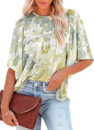 Dokotoo Womens Paisley Print Tops Crewneck Dressy Casual Blouses Bell Sleeve Babydoll Shirts