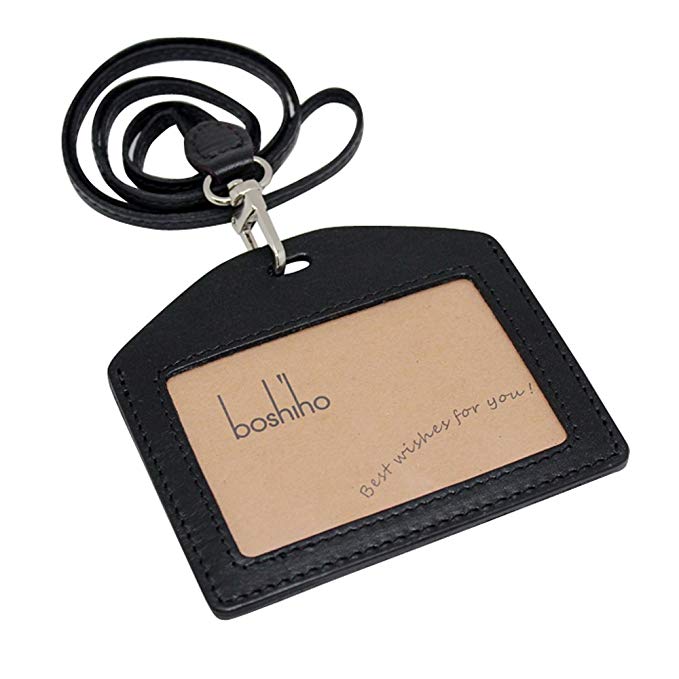 Boshiho Genuine Leather ID Card Badge Holder with Heavy Duty Lanyard Horizontal Style (Black)