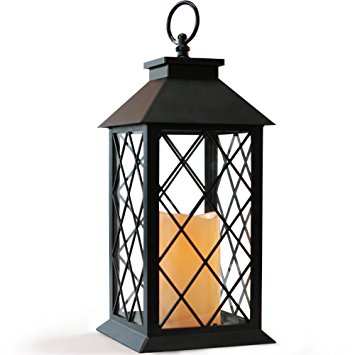 BRIGHT ZEAL 14" TALL Vintage Candle Lantern with LED Flickering Flameless Candles and Timer - LED Decorative Candle Lanterns (BLACK) - Indoor Outdoor Hanging L ights