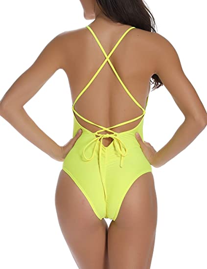 CROSS1946 Sexy Womens Monokini Deep V One Piece Low Backless Ruched Cheeky Swimwear Swimsuits