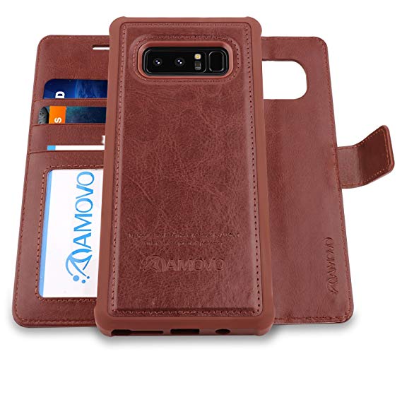 AMOVO Case for Galaxy Note 8 [2 in 1], Samsung Galaxy Note 8 Wallet Case [Detachable Wallet Folio] [Premium Vegan Leather] Samsung Note 8 Flip Cover with Gift Box Package (Brown)