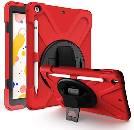 iPad 10.2 2019 Case, iPad 7th Generation Case, [Apple Pencil Holder] [Hand Strap] 360 Degree Rotating Kickstand Full-Body Impact Protective Case for Apple iPad 7th Generation 10.2 Inch 2019 (Red)