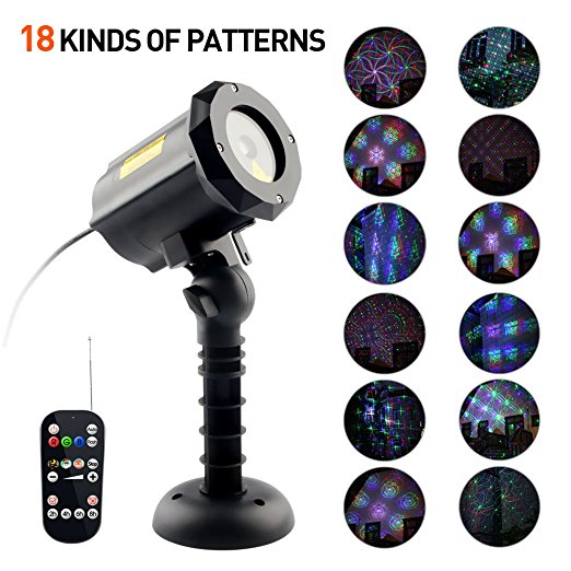 Imbeang 18 Patterns Garden Laser Light in 3 Modes, Moving Red,Green and Blue Light with RF Remote Control and Security Lock Waterproof Outdoor Laser Christmas Light Projector for Party,House,Decor