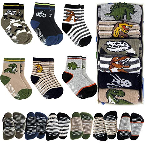 Tiny Captain Toddler Boy Dinosaur Grip Socks 1-3 Year Old Baby Non Slip 8-36 Months Gift Set 6 Pack T-Rex, Stripes (Dark Colors)