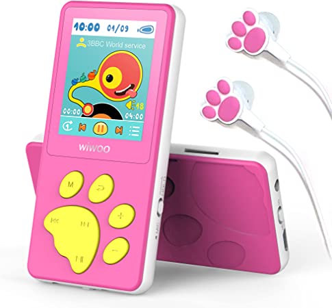 MP3 Player for Kids, Wiwoo 1.8" Portable Music Player with FM Radio Video Games Voice Recorder and Headphone, 8GB Children Cartoon Bear Paw Media Player Expandable Up to 128GB (Pink)